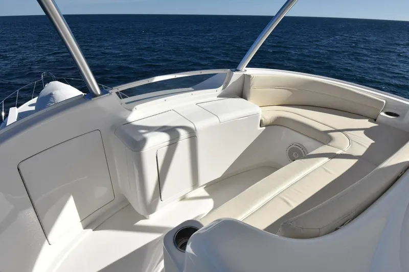 Party Of Five Yacht Photos Pics Luxurious seating area on 2019 Viking 80 Sky Bridge yacht, overlooking the ocean.