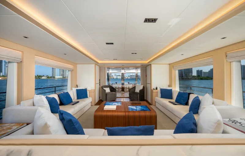 Santosh Yacht Photos Pics Luxurious interior of 2020 Majesty 100 yacht with waterfront views.