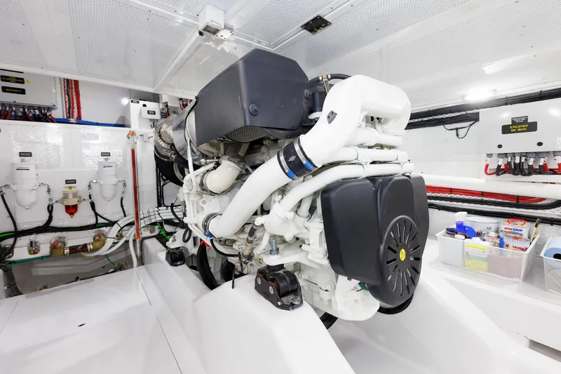 Mona Lisa Yacht Photos Pics Engine room of 2025 Vicem 58 Classic yacht, showcasing modern machinery and organized layout.