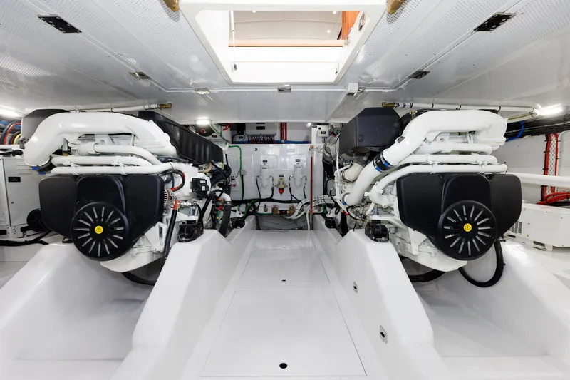 Mona Lisa Yacht Photos Pics Engine room of 2025 Vicem 58 Classic yacht, showcasing dual engines and modern design.