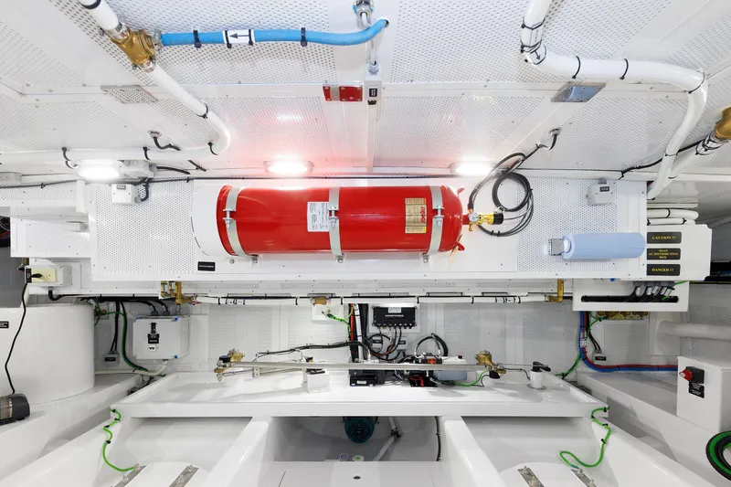 Mona Lisa Yacht Photos Pics Engine room of 2025 Vicem 58 Classic yacht with fire suppression system.