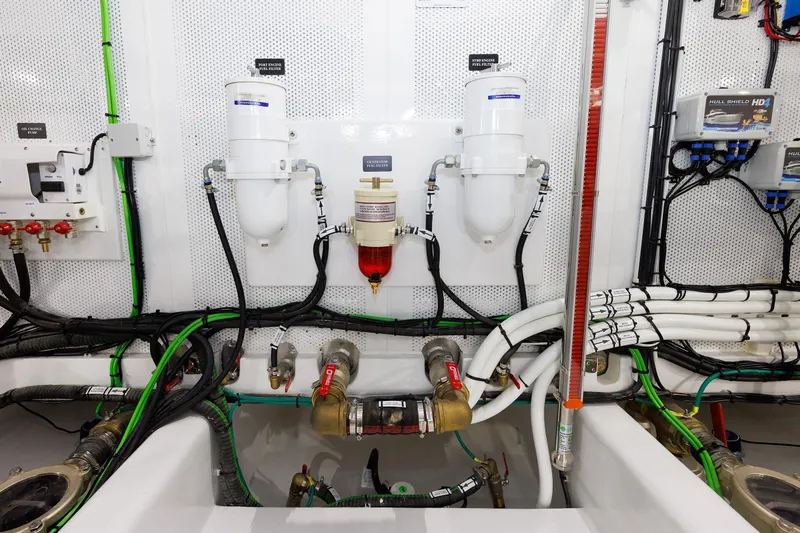 Mona Lisa Yacht Photos Pics Engine room of 2025 Vicem 58 Classic yacht with filters and wiring.