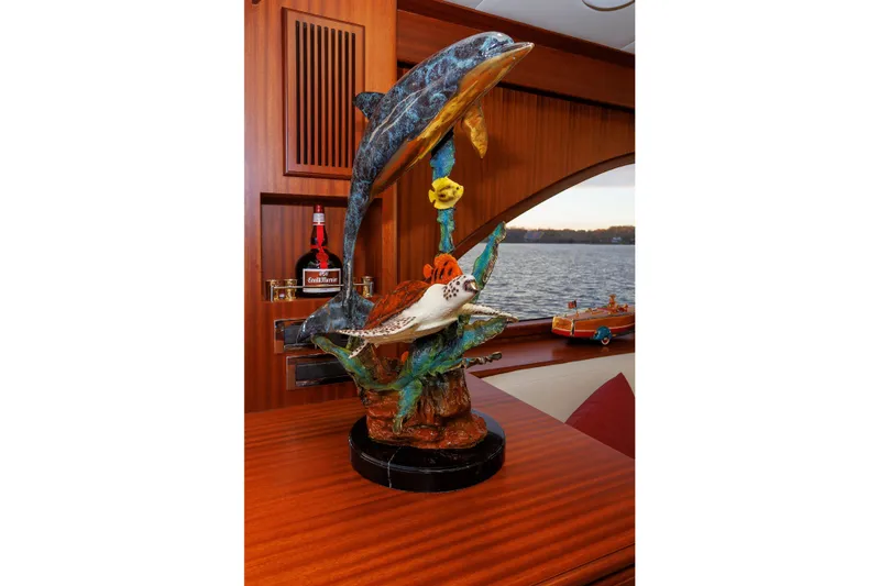 Mona Lisa Yacht Photos Pics Decorative marine sculpture on Vicem 58 Classic yacht, 2025 model, with ocean view.
