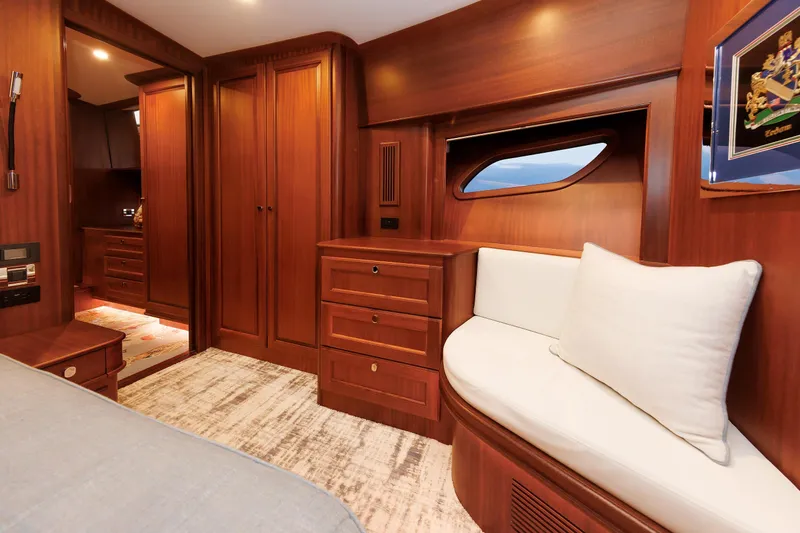 Mona Lisa Yacht Photos Pics Luxurious interior of 2025 Vicem 58 Classic yacht with elegant wood finish.