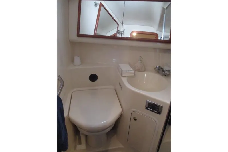 Pho-king-gross Yacht Photos Pics Bathroom interior of 2002 Sea Ray 400 Sedan Bridge yacht, featuring sink and toilet.