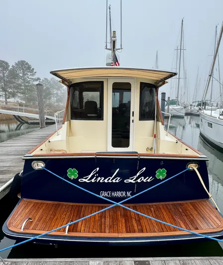 Linda Lou Yacht Photos Pics Legacy 36 boat docked, rear view, named "Linda Lou," Grace Harbor, NC, 2018 model.