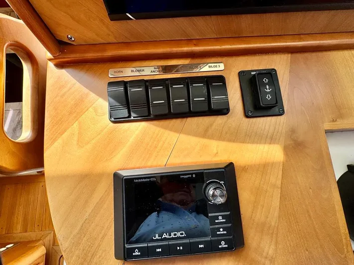 Linda Lou Yacht Photos Pics Control panel of a 2018 Legacy 36 boat with JL Audio system.