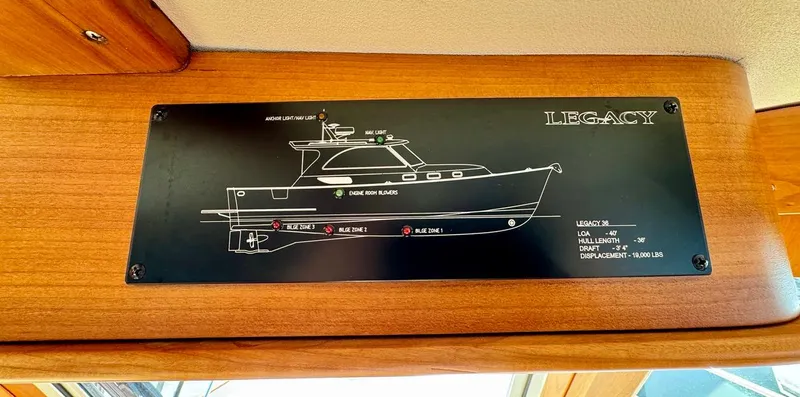 Linda Lou Yacht Photos Pics Plaque displaying 2018 Legacy 36 boat specifications and diagram on wooden interior.
