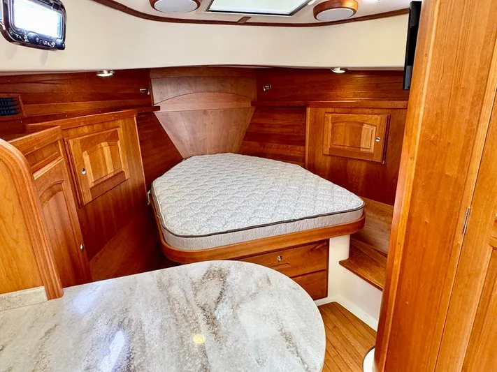 Linda Lou Yacht Photos Pics Luxurious 2018 Legacy 36 yacht interior with wooden finish and cozy bed.