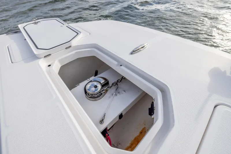 Nordic Blue Yacht Photos Pics Anchor compartment of 2024 Invincible 35 Catamaran on open water.