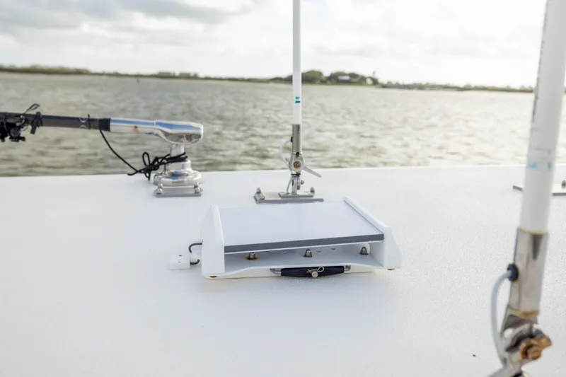 Nordic Blue Yacht Photos Pics 2024 Invincible 35 Catamaran deck with fishing rod holders and equipment.