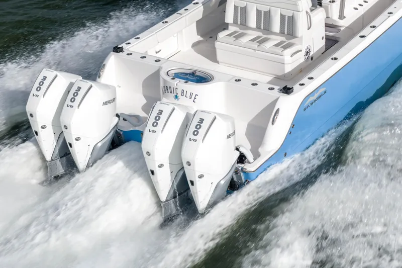 Nordic Blue Yacht Photos Pics 2024 Invincible 35 Catamaran with quad Mercury 300 V8 engines on water.