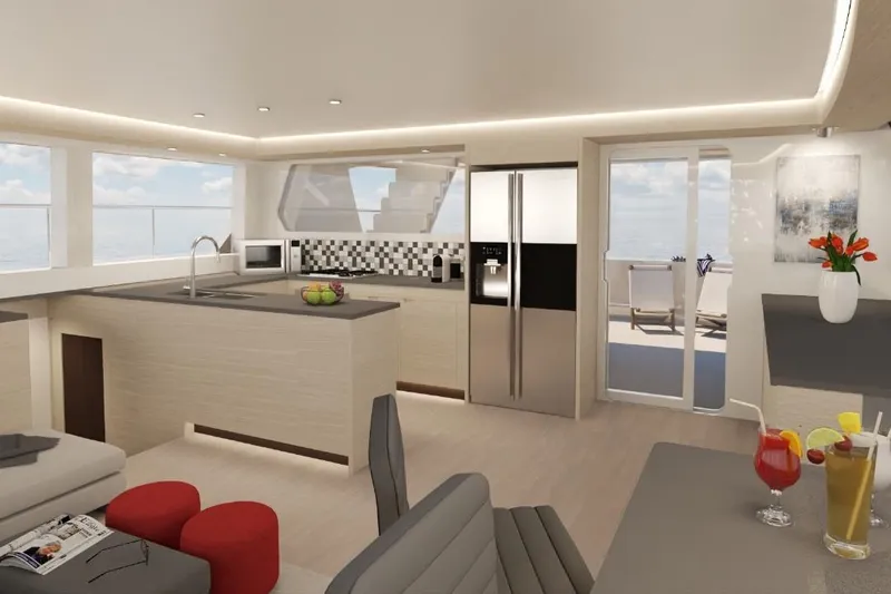 Pilar X Yacht Photos Pics Luxurious interior of 2024 Leeuwin 55 yacht with modern kitchen and stylish decor.