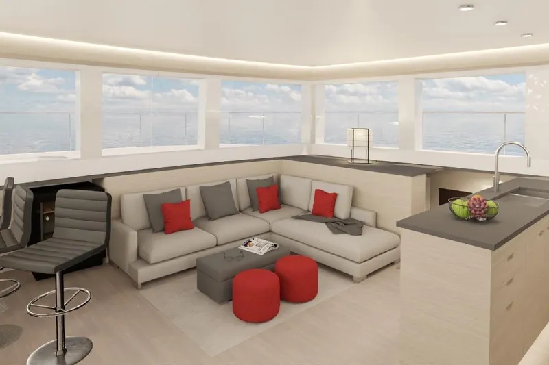 Pilar X Yacht Photos Pics Luxurious interior of 2024 Leeuwin 55 yacht with modern seating and ocean views.