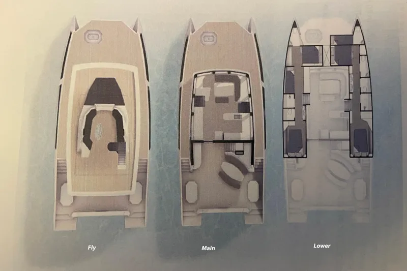 Pilar X Yacht Photos Pics Floor plans of 2024 Leeuwin 55 yacht: flybridge, main deck, lower deck layouts.