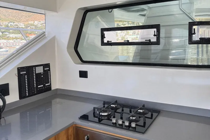 Pilar X Yacht Photos Pics Interior of Leeuwin 55 yacht with modern kitchen, 2024 model.