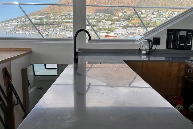 Pilar X Yacht Photos Pics Interior of Leeuwin 55 yacht, 2024 model, overlooking the harbor.