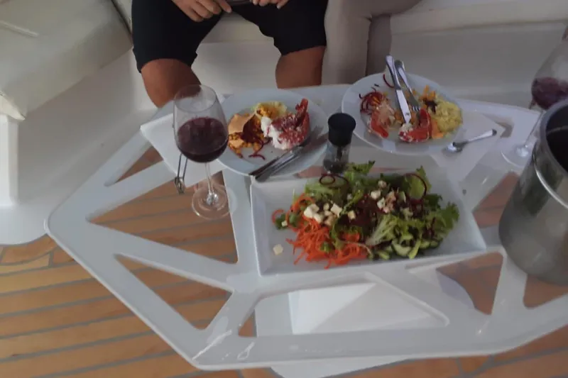 Pilar X Yacht Photos Pics Gourmet meal on Leeuwin 55 yacht, 2024.