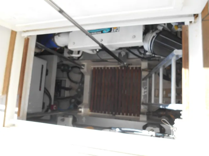 Balmy Yacht Photos Pics Engine compartment of 1999 Grand Banks 38 Eastbay EX, showcasing mechanical components.