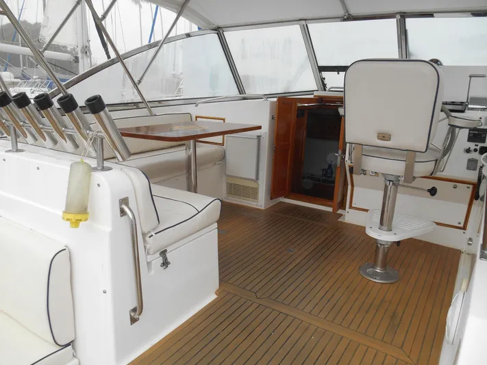 Balmy Yacht Photos Pics 1999 Grand Banks 38 Eastbay EX interior with seating, table, and helm station.
