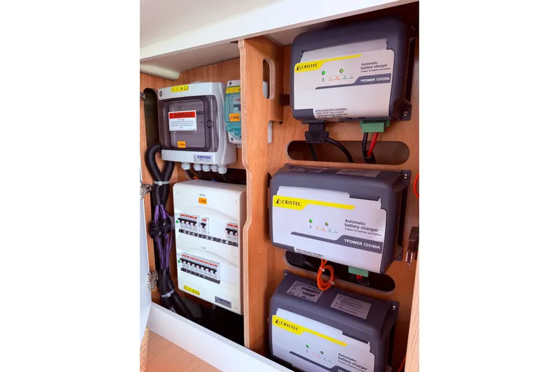 One Five Yacht Photos Pics Electrical panel and battery chargers on 2022 Beneteau Oceanis Yacht 54.