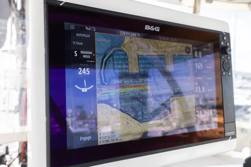 Second Wind Yacht Photos Pics Navigation display on a 2022 Lagoon 52 F yacht, showing autopilot and map details.