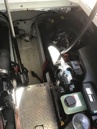  Yacht Photos Pics Engine compartment of 2009 Four Winns 378 Vista boat, showing mechanical components.