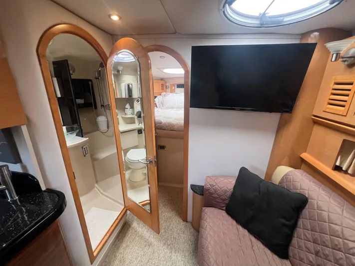  Yacht Photos Pics Luxurious interior of 2009 Four Winns 378 Vista yacht with cozy seating and modern amenities.