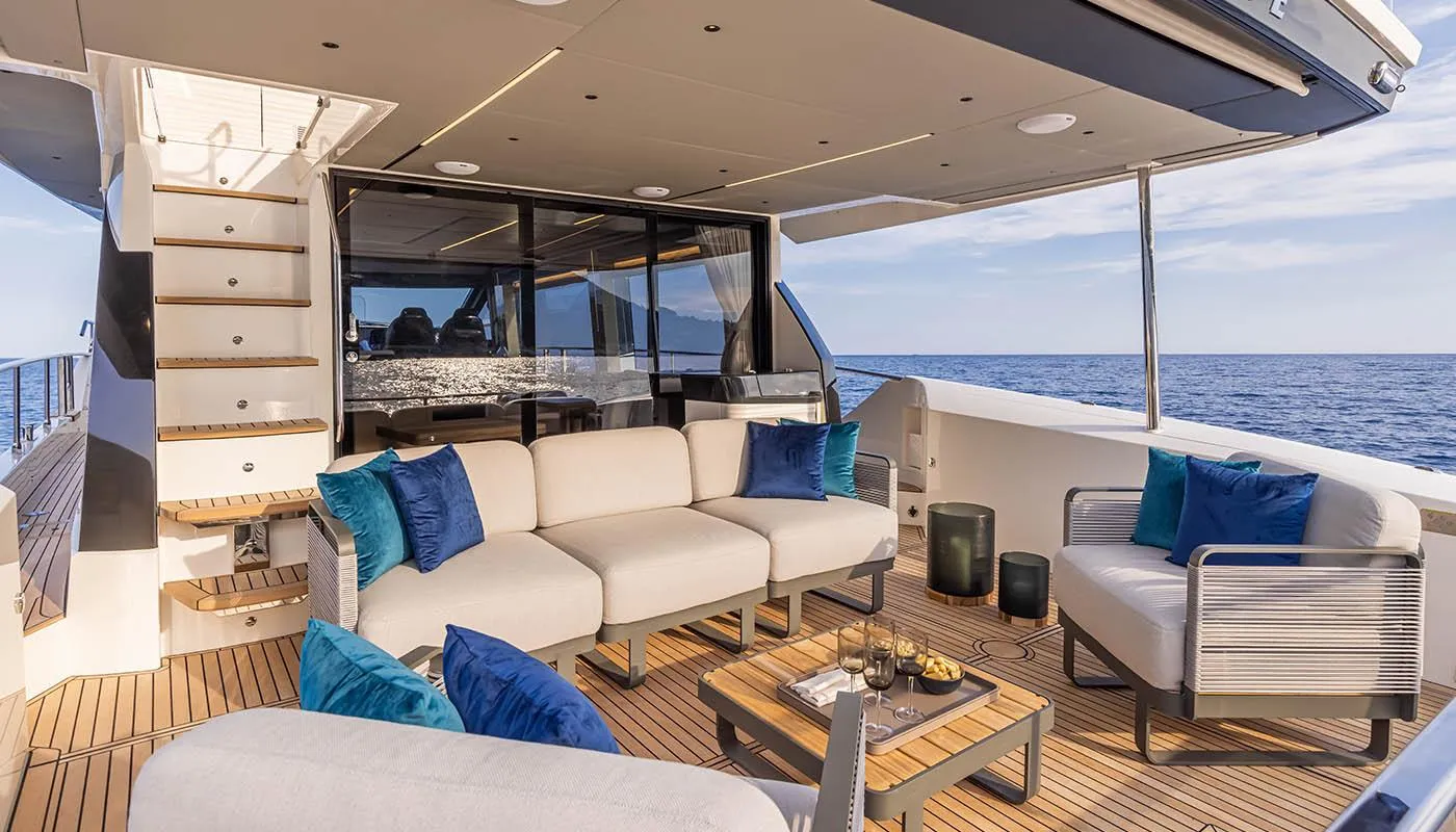Luxurious outdoor seating area on the 2024 Absolute 60 Fly yacht.