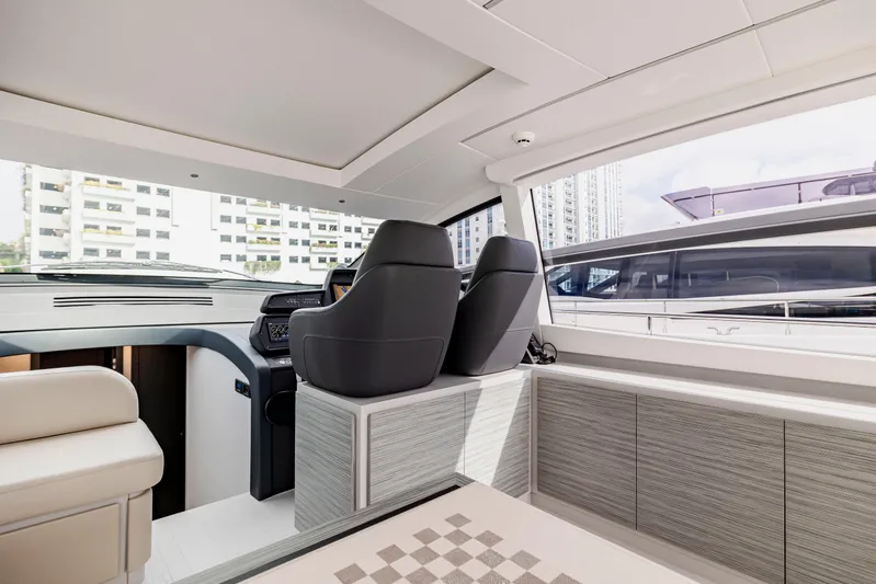 Sea Suite I Yacht Photos Pics Interior of 2021 Pershing 62 yacht with modern seating and sleek design.