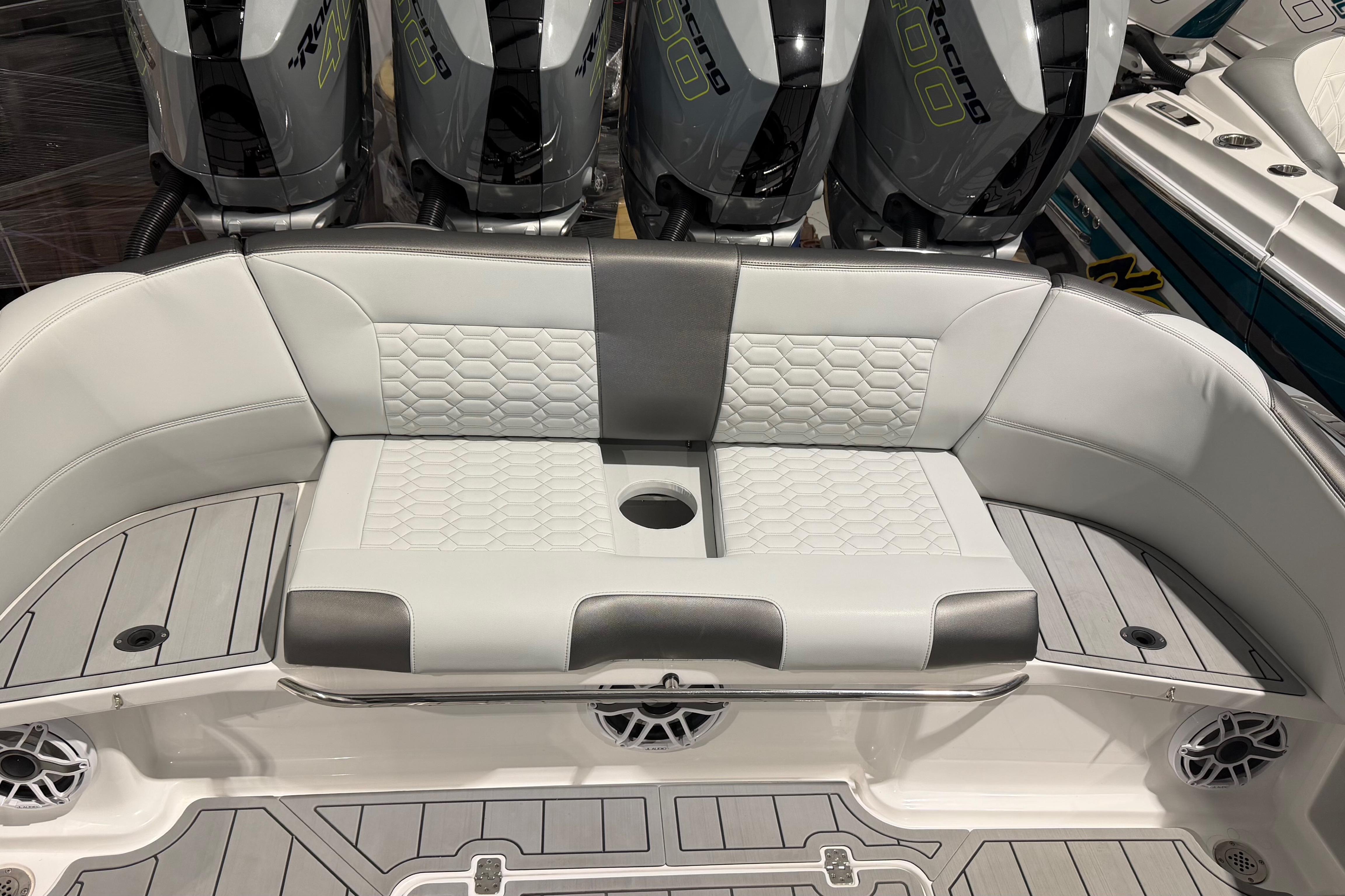 2025 Nor-Tech 390 Sport Center Console boat seating with modern upholstery and powerful engines.