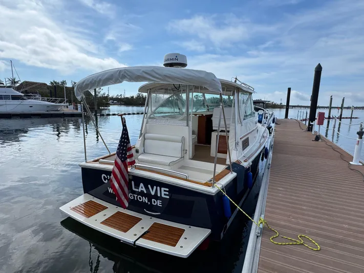 C'est La Vie Yacht Photos Pics 2010 Bruckmann Bluestar 29.9 docked, displaying American flag, Wilmington, DE.