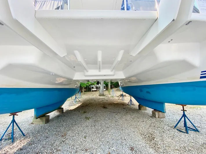 Ronin Yacht Photos Pics Underneath view of a 2016 Celtic Yachts 40 catamaran on stands.