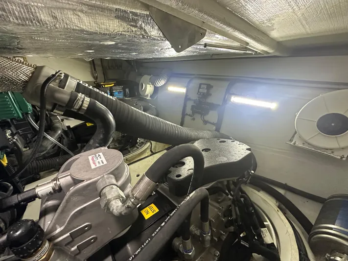 Sea Addendum Yacht Photos Pics Engine room of 2021 Galeon 425 HTS yacht, showcasing mechanical components and piping.