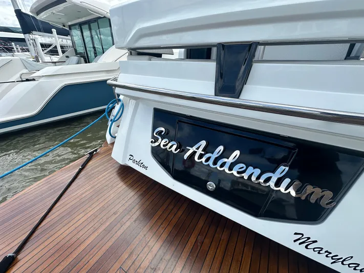 Sea Addendum Yacht Photos Pics Galeon 425 HTS 2021 yacht docked, featuring "Sea Addendum" nameplate.