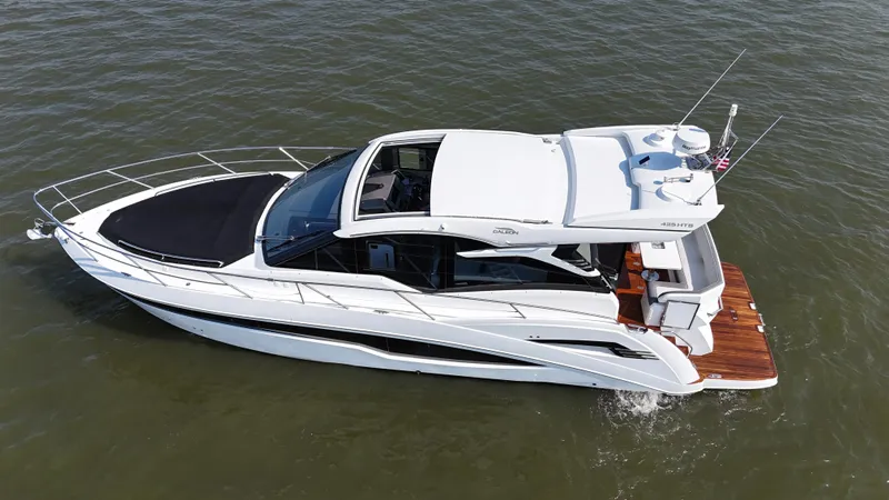 Sea Addendum Yacht Photos Pics 2021 Galeon 425 HTS luxury yacht cruising on open water.