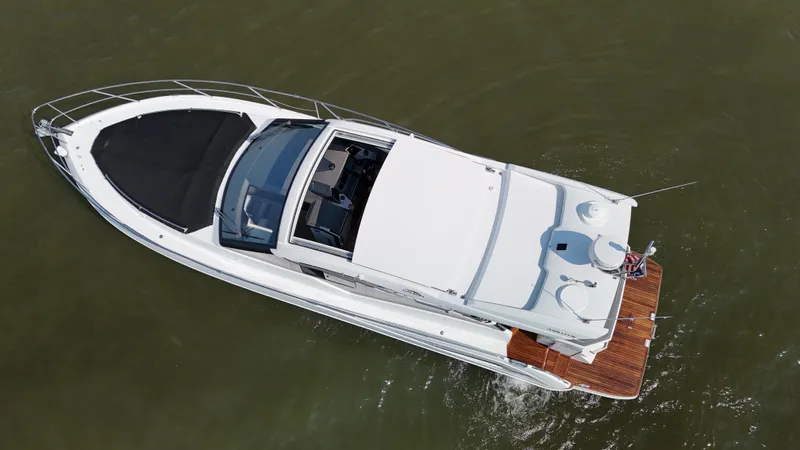 Sea Addendum Yacht Photos Pics Aerial view of 2021 Galeon 425 HTS yacht cruising on water.
