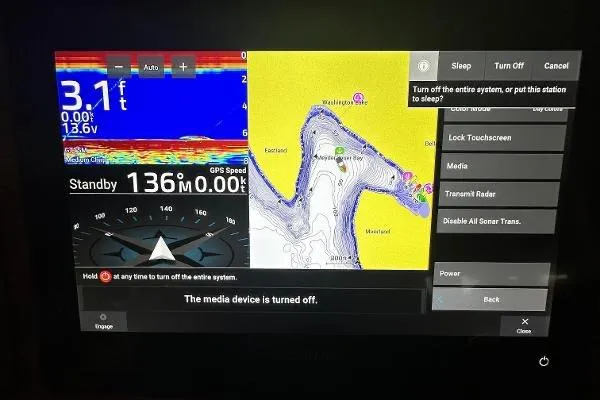  Yacht Photos Pics Ranger Tugs R-27 2021 navigation display showing depth, GPS speed, and map interface.