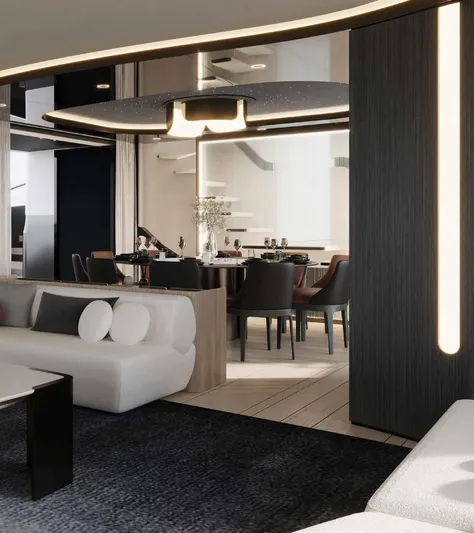  Yacht Photos Pics Luxurious interior of 2026 Sunreef ULTIMA 111 yacht with modern dining area and elegant decor.