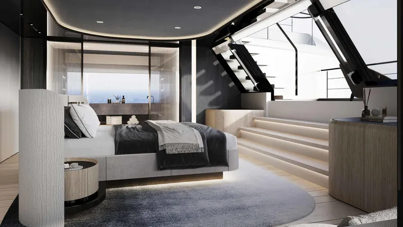  Yacht Photos Pics Luxurious Sunreef ULTIMA 111 yacht interior, featuring modern bedroom design and elegant staircase, 2026 model.
