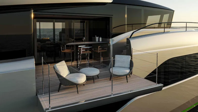  Yacht Photos Pics Luxurious Sunreef ULTIMA 111 yacht deck with modern seating, ocean view, 2026 model.