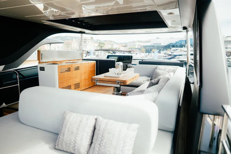  Yacht Photos Pics Luxurious interior of 2026 Cranchi Settantotto 78 yacht with elegant seating and modern design.