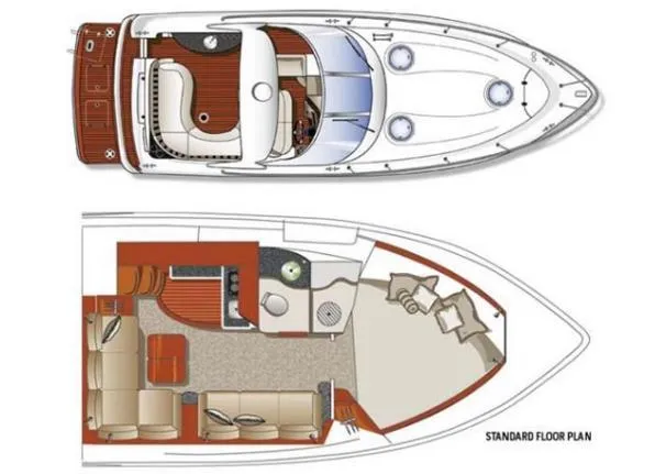 Belle Journee Yacht Photos Pics 2008 Four Winns V378 boat floor plan, featuring upper deck and cabin layout.