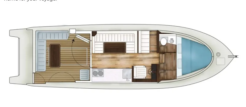 Nirvana Yacht Photos Pics 2020 Coastal Craft 33 Express boat layout with cabin, kitchen, and seating areas.