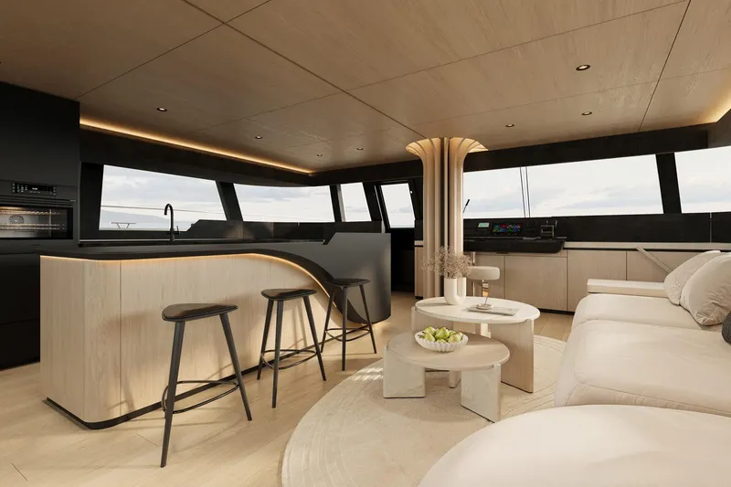  Yacht Photos Pics Luxurious interior of 2027 Sunreef 60 NEXT yacht with modern design and elegant furnishings.