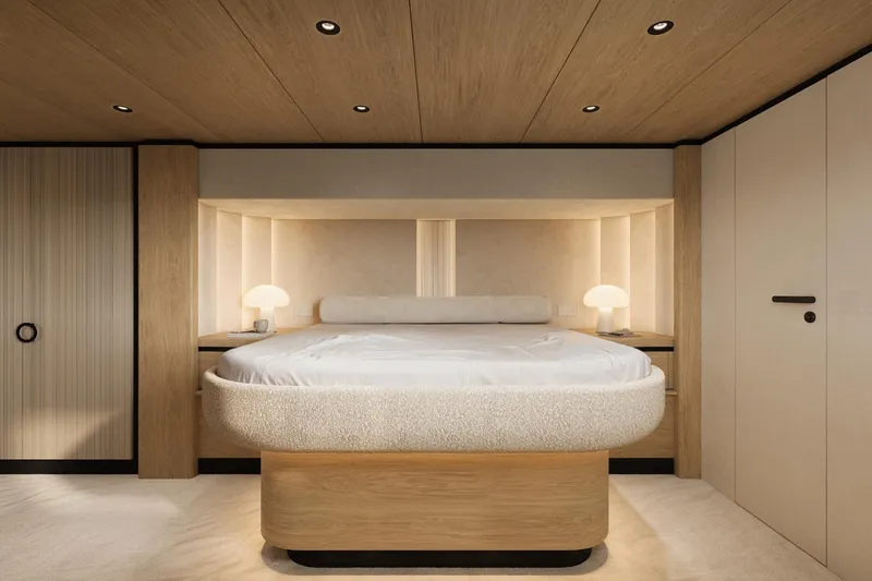  Yacht Photos Pics Luxurious Sunreef 60 NEXT 2027 yacht bedroom with modern design and ambient lighting.