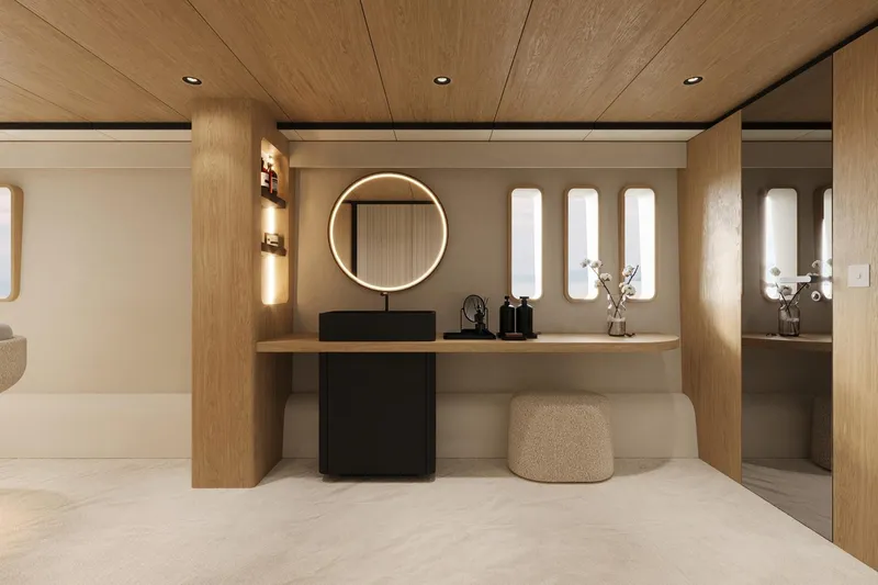  Yacht Photos Pics Luxurious interior of 2027 Sunreef 60 NEXT yacht with modern vanity and elegant decor.