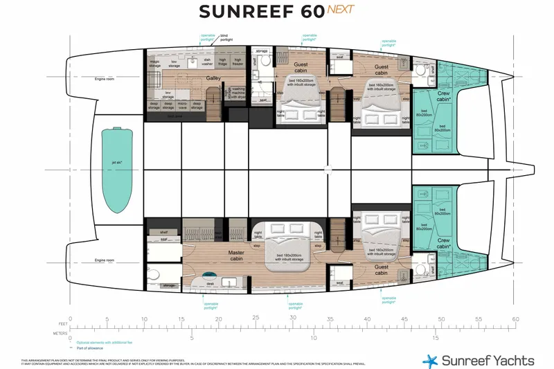  Yacht Photos Pics Floor plan of 2027 Sunreef 60 NEXT luxury yacht with detailed cabin layout.