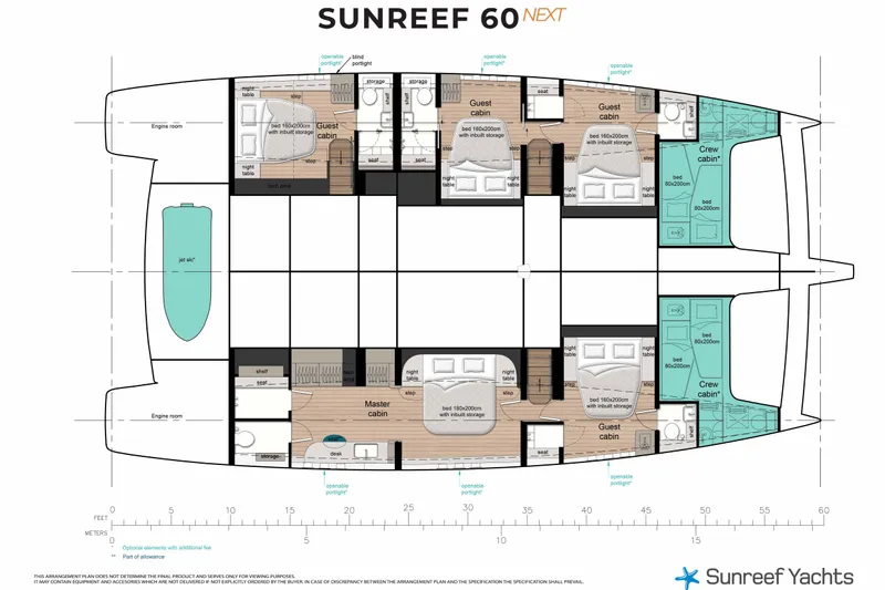  Yacht Photos Pics Floor plan of Sunreef 60 NEXT yacht, 2027 model, showcasing cabins and layout.