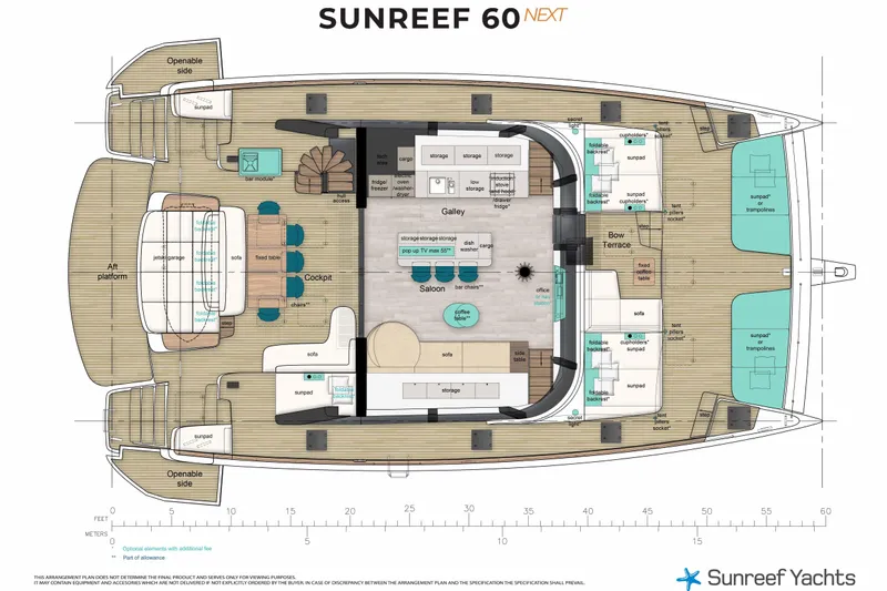  Yacht Photos Pics Floor plan of 2027 Sunreef 60 NEXT yacht, featuring spacious deck and interior layout.